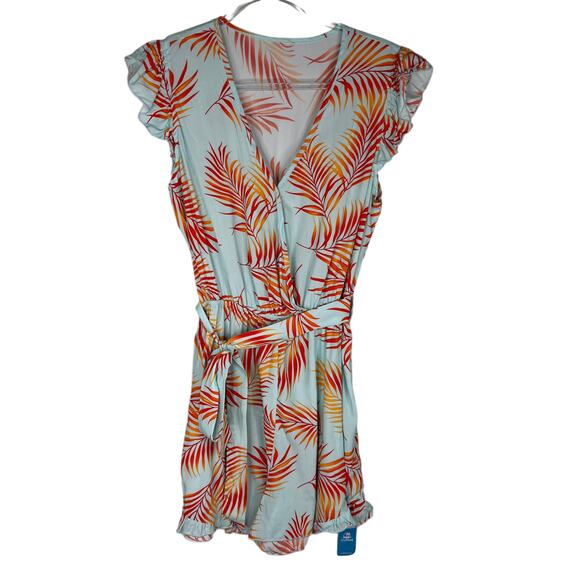 Cupshe Teal Orange Tropical Flutter Sleeve Romper Large New - Picture 2 of 14